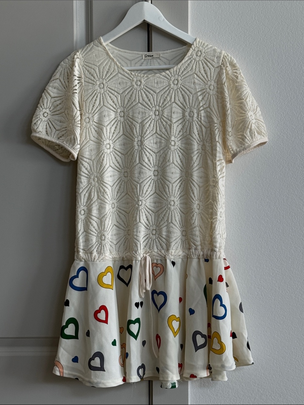 Cream Eyelet Top with Multicolor Heart Skirt Dress MADE IN KOREA 🇰🇷 Size Small